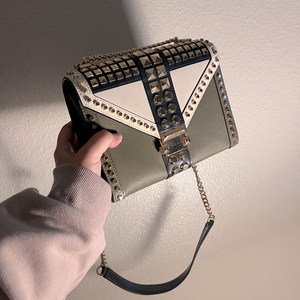 Michael Kors Olive/White/Gold Studded Chain Shoulder Bag